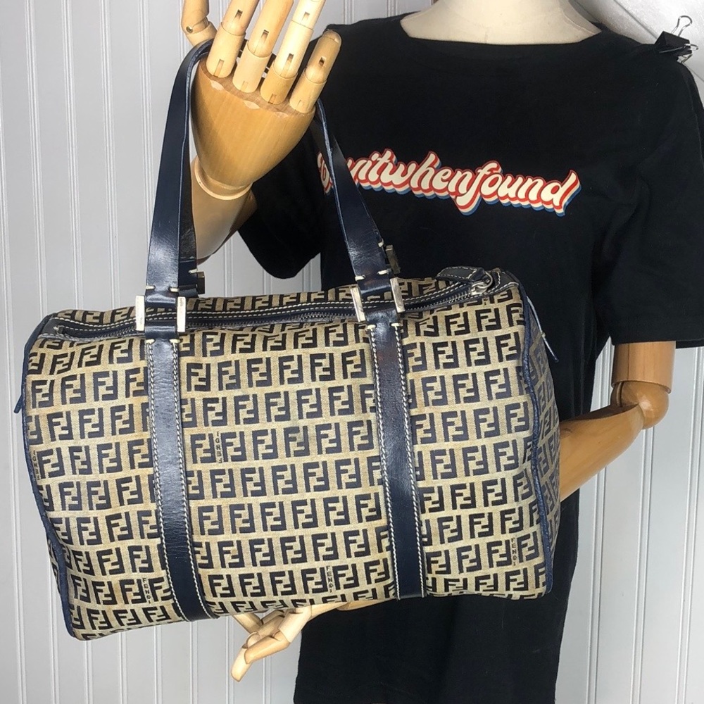 FENDI Zucca Navy Blue Leather Canvas Boston Duffle Travel Bag Speedy 30 EUC